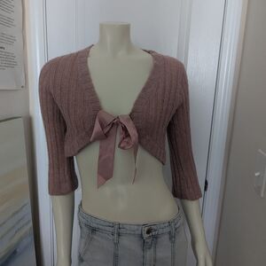 Pink Cropped Sweater with Bowtie Front